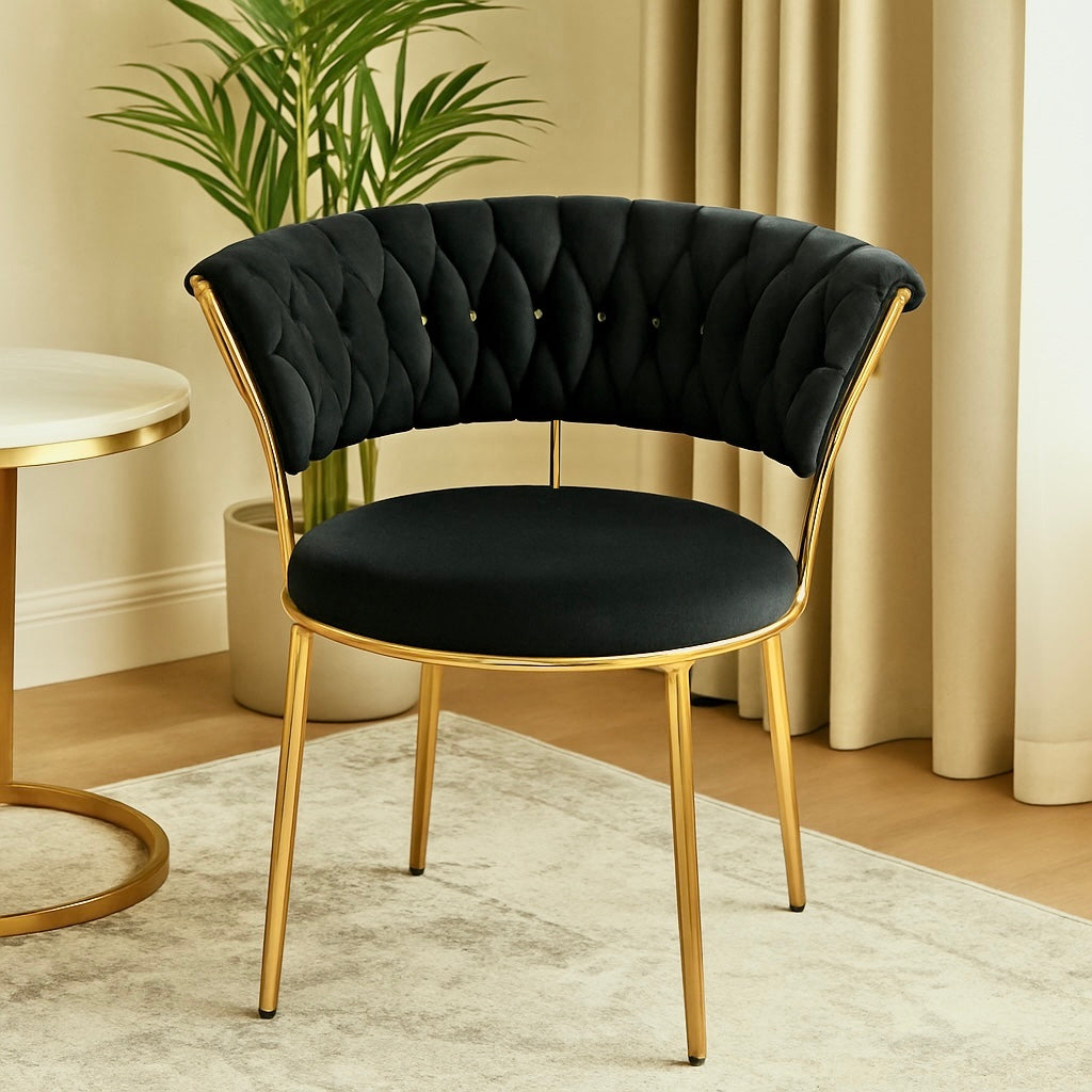 Velvet BLACK Accent Chair with Tufted Curved Design and Gold Metal Frame – Modern Curved Back Lounge Chair for Living Room, Bedroom, Dining or Office – Elegant BLACK Upholstery