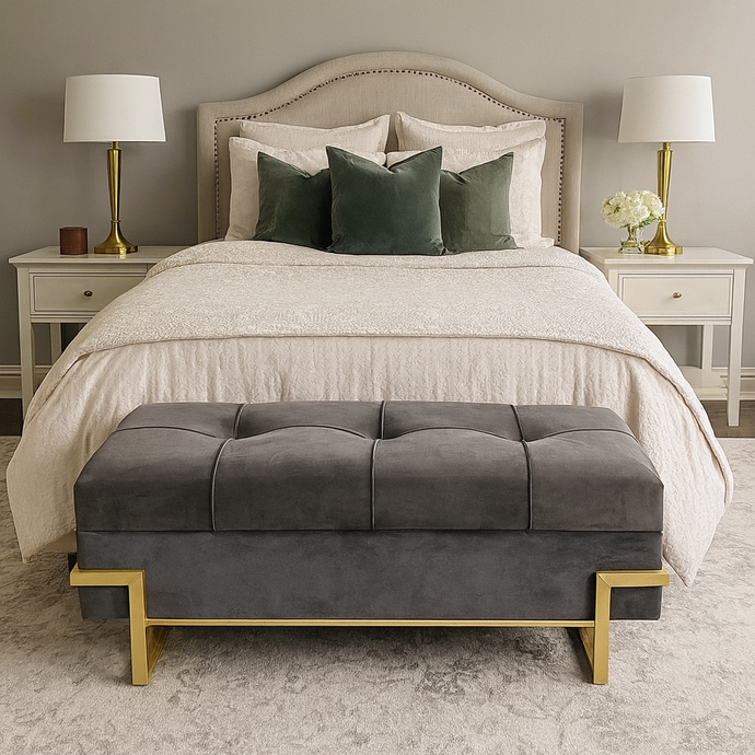 Ottoman Storage Bench Stool in Velvet Material with Golden Metal in Small OR Large Size