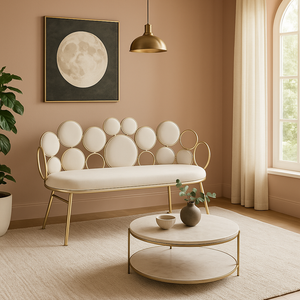 Off-White Velvet Accent Bench with Gold Circular Frame – Modern Elegant Living Room Seating for Home Decor, Entryway, or Bedroom | Luxury Upholstered Metal Bench