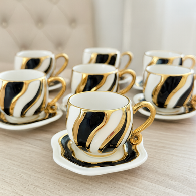 Turkish Coffee Cups SET of Six with Saucers | Creative Design Hot Drink Cups Gold, White and Black Ceramic Luxury Looking Coffeecup Set