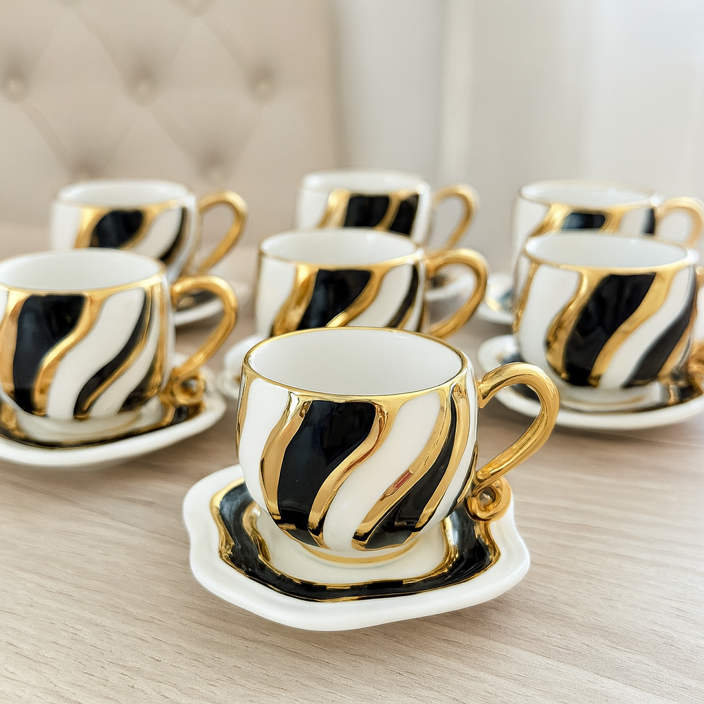 Turkish Coffee Cups SET of Six with Saucers | Creative Design Hot Drink Cups Gold, White and Black Ceramic Luxury Looking Coffeecup Set