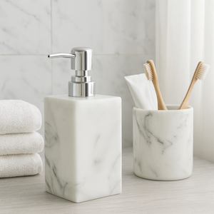 1PC Large Soap Dispenser White and Grey Marble-look Resin Lotion Pumper Silver Pump Top Cream Soap Holder for Bathroom, Powder Room, Kitchen Soap Dispenser