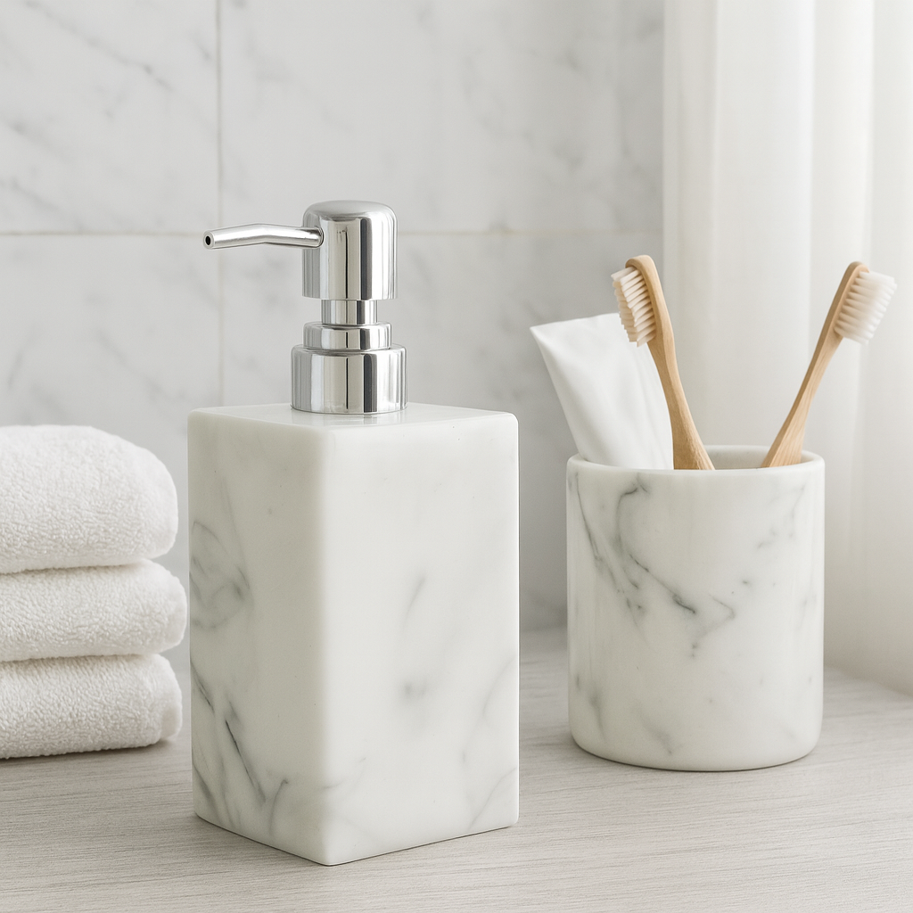 1PC Large Soap Dispenser White and Grey Marble-look Resin Lotion Pumper Silver Pump Top Cream Soap Holder for Bathroom, Powder Room, Kitchen Soap Dispenser