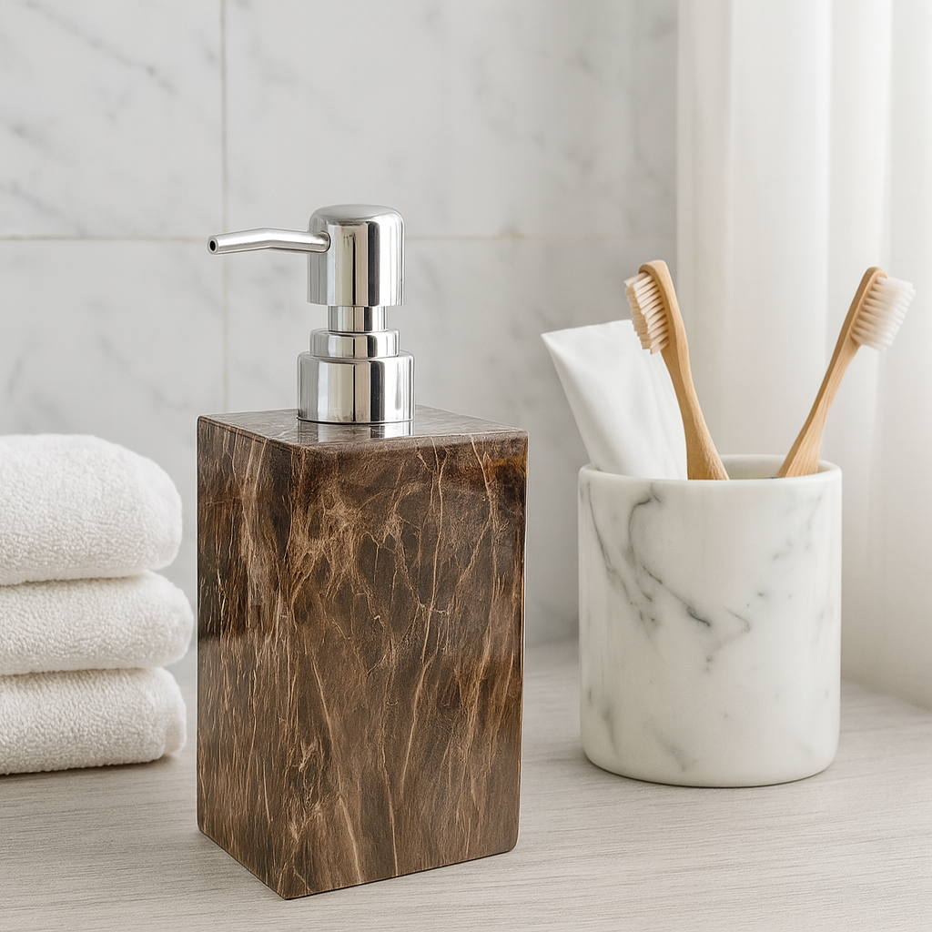 1PC Large Soap Dispenser Brown Marble-look Resin Lotion Pumper Silver Pump Top Cream Soap Holder for Bathroom, Powder Room, Kitchen Soap Dispenser