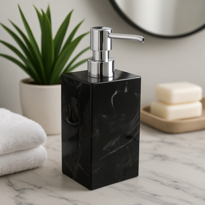 1 PC Large Soap Dispenser Black Marble-look Resin Lotion Pumper Silver Pump Top Cream Soap Holder for Bathroom, Powder Room, Kitchen Soap Dispenser