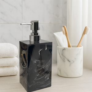 1 PC Large Soap Dispenser Black Marble-look Resin Lotion Pumper Silver Pump Top Cream Soap Holder for Bathroom, Powder Room, Kitchen Soap Dispenser
