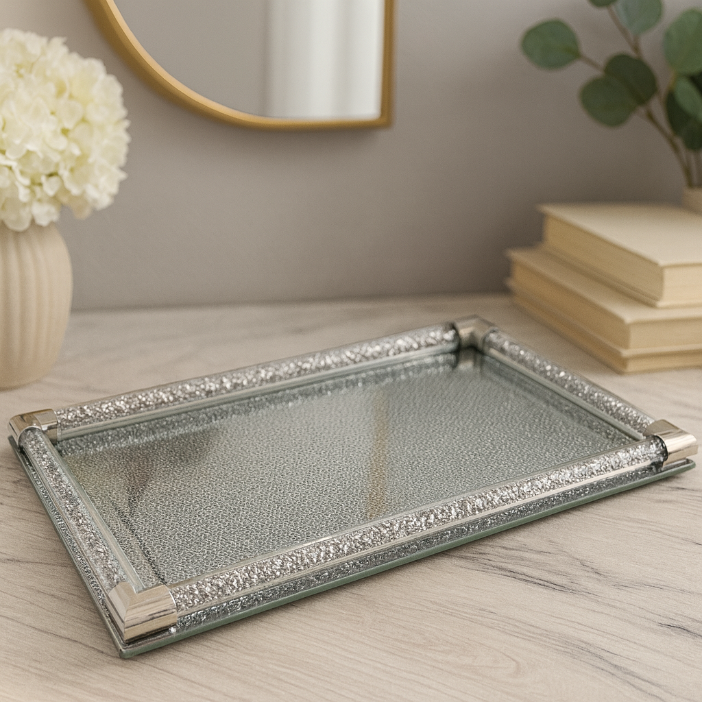 Silver Tray Crushed Crystals Glass Tray for Ginger Jars or Decorations, Vanity Perfume Tray, Rectangular Decorative Serving Tray