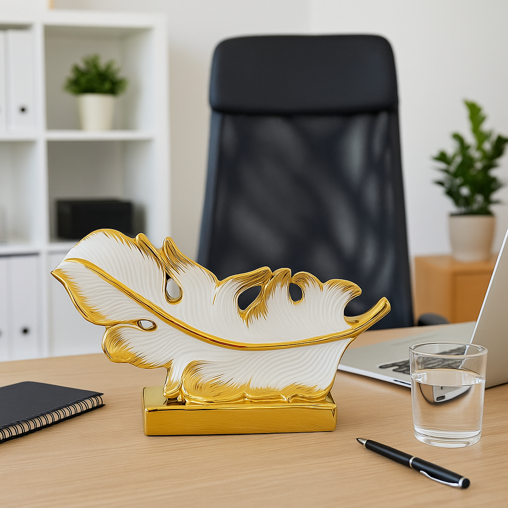 White and Gold Feather Sculpture – Elegant Decorative Ornament, Modern Home Decor Accent for Living Room & Office Decor