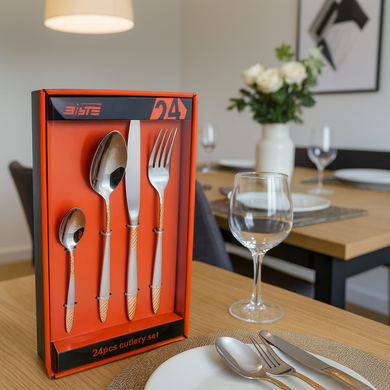24-piece Silver and Gold Cutlery Tableware Set | Luxurious Cutlery Stainless Steel Spoons, Knives, Forks for Kitchen/ Dining Area/ Home Decor/ Wedding Events