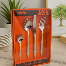 24-piece Silver and Gold Cutlery Tableware Set | Luxurious Cutlery Stainless Steel Spoons, Knives, Forks for Kitchen/ Dining Area/ Home Decor/ Wedding Events