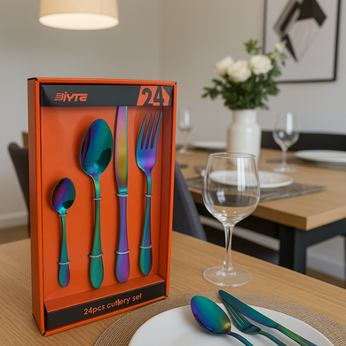 24-piece Cutlery Tableware Set | Colourful Luxurious Cutlery Stainless Steel Spoons, Knives, Forks for Kitchen/ Dining Area/ Home Decor/ Wedding Events