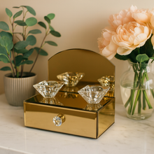 Crystal Glass Jewelry Box in GOLD with Candle Holders – Luxury Mirrored Vanity Organizer with Drawer & Diamond Knobs – Elegant Decorative Storage for Jewelry, Makeup, and Candles