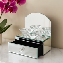 Crystal Glass Jewelry Box in SILVER with Candle Holders – Luxury Mirrored Vanity Organizer with Drawer & Diamond Knobs – Elegant Decorative Storage for Jewelry, Makeup, and Candles