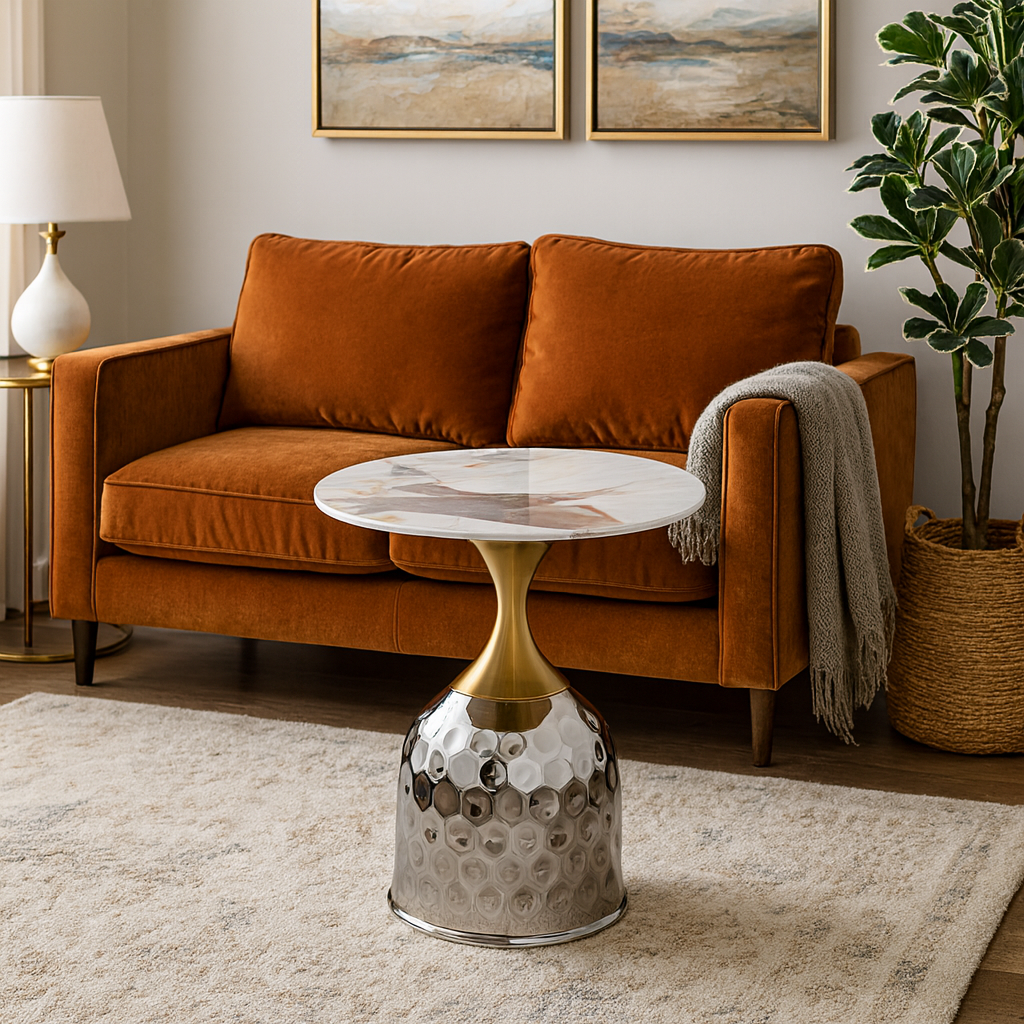 End Table, Sturdy Metal Frame, Marble Top Side Table for Small Spaces, Ideal for Living Room, Bedroom, Office, or Bathroom