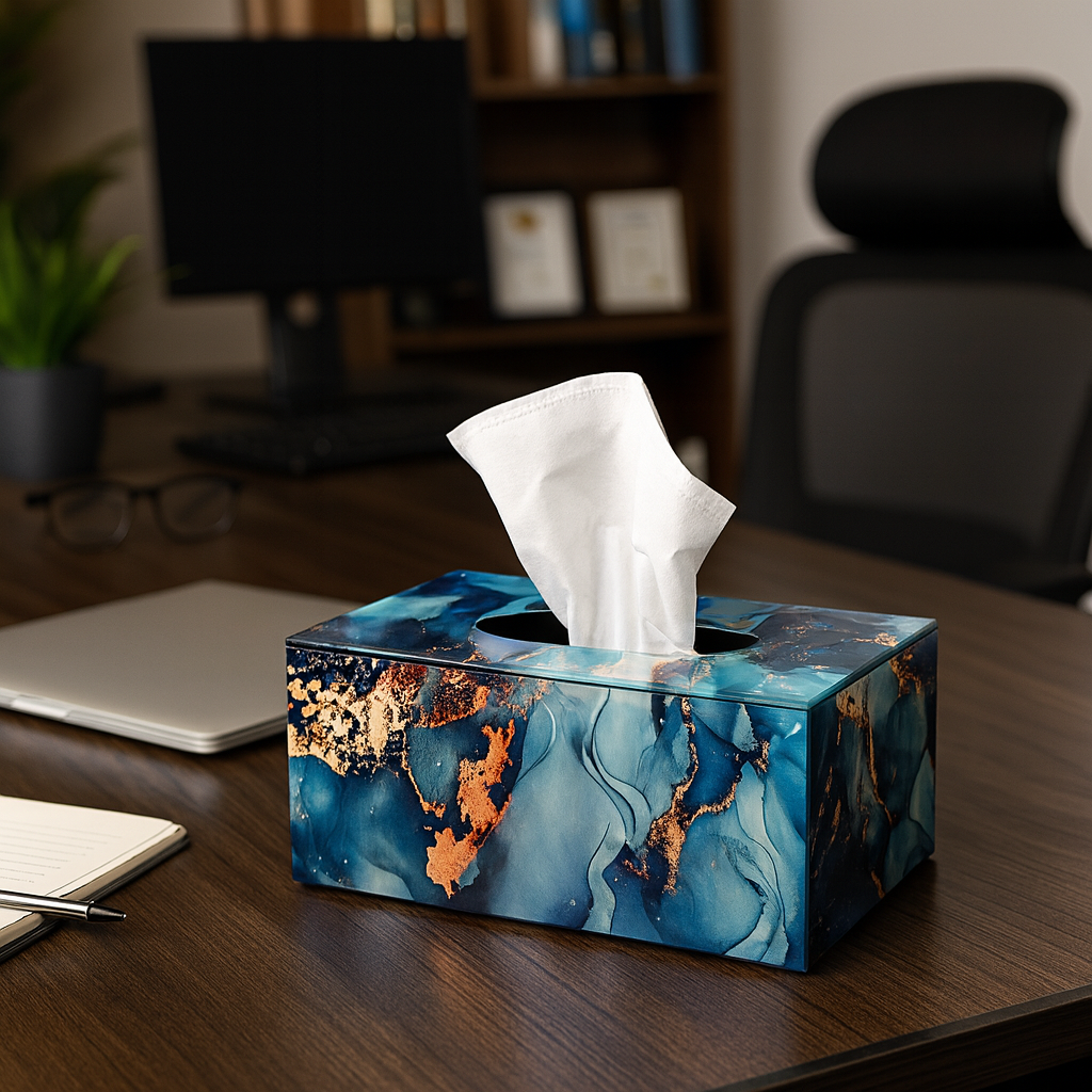 Tissue Box Glass Luxury Blue Marble-look Tissue Holder Living Room/ Office/ Bedroom Decorative Storage Box
