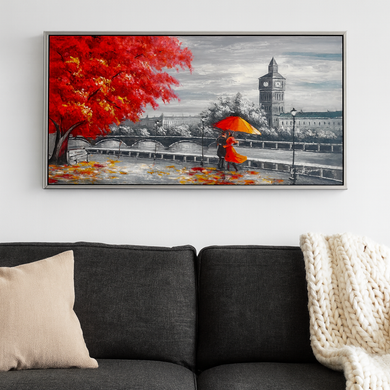 Original Hand-Painted Oil Painting 60x30 Inches – Romantic Canvas, London Clock Tower Canvas |  Landscape Wall Art with Silver Chrome Frame, Couple with Umbrella Wall Art