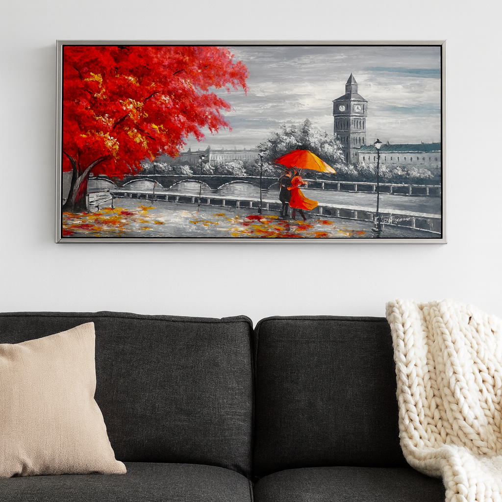 Original Hand-Painted Oil Painting 60x30 Inches – Romantic Canvas, London Clock Tower Canvas |  Landscape Wall Art with Silver Chrome Frame, Couple with Umbrella Wall Art