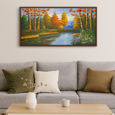 Original Hand-Painted Oil Painting 60x30 Inches – Calm river with Colourful Trees Landscape Wall Art with Brown Frame, Autumn Forest Decor