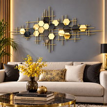 HUGE Wall Décor in Golden Metal with Black & Gold Tinted Hexagon Mirrors of Abstract Art
