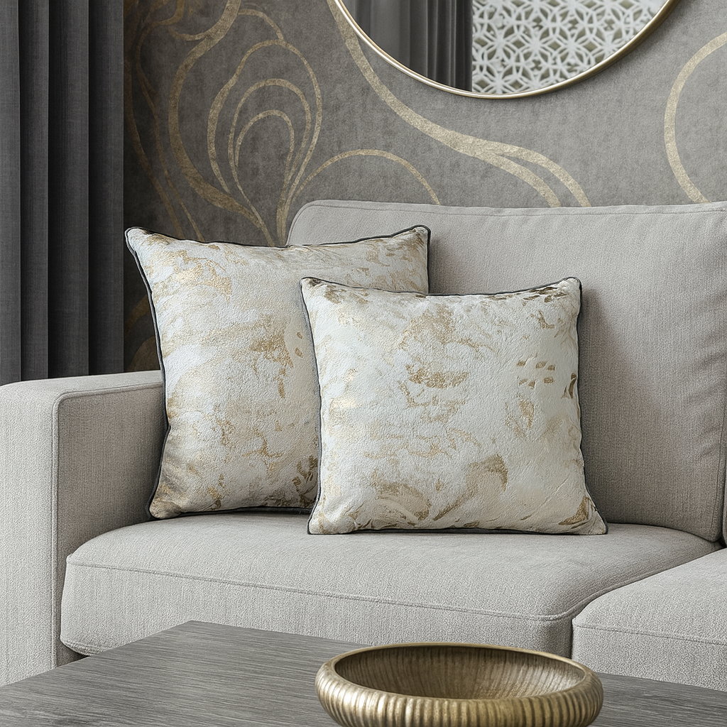 Set of 2 Decorative Cushions with Fillers – GREY with Golden Shades Silk Throw Pillow Covers with Zipper for Sofa, Bed & Living Room Decor