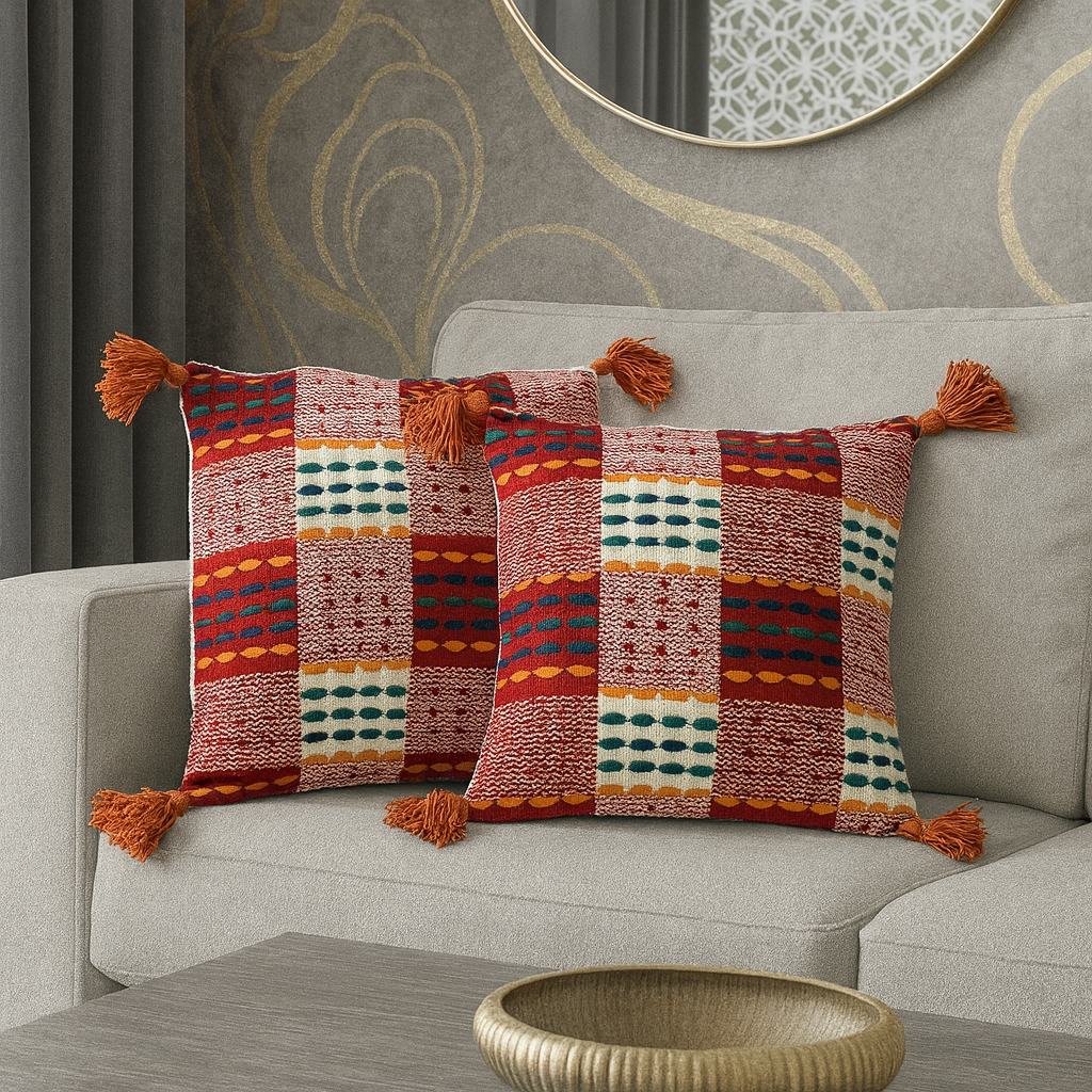 Set of 2 Decorative Cushions with Fillers – Colourful Woven Throw Pillow Covers with Zipper for Sofa, Bed & Living Room Decor
