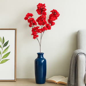 38" INCH Long Cherry Blossom Artificial Flower Stem – RED Cherry Blossom Bunch – 3 Long Silk Stems with Extension, Bendable Branches for Floor Vase, Ginger Jars, Home Decor, Wedding Decor
