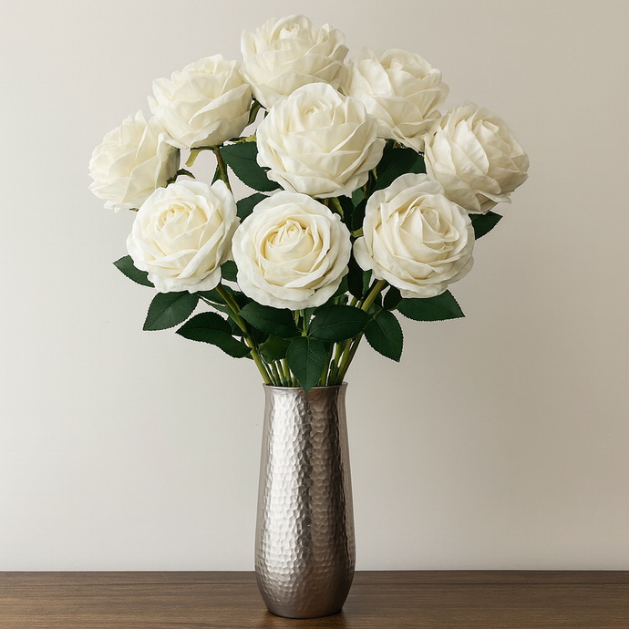 White Velvet Artificial Rose Stem – 30” INCH Long Single Flower with Realistic Petals & Green Leaves for Home Decor, Vases, Weddings, Events