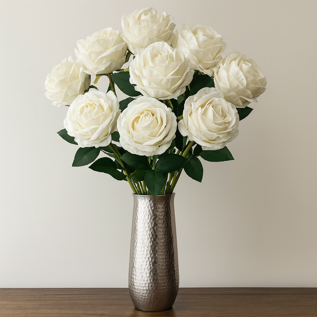 White Velvet Artificial Rose Stem – 30” INCH Long Single Flower with Realistic Petals & Green Leaves for Home Decor, Vases, Weddings, Events