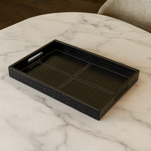 Rectangular Black Tray – Acrylic & PU Leather Serving Tray, Geometric Design Storage & Display Tray for Home, Bathroom, or Living Room Decor (Available in 2 Sizes)