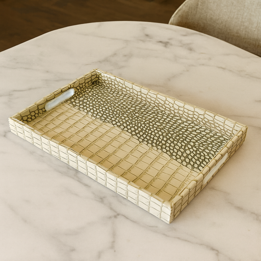 Rectangular Beige Tray – Acrylic & PU Leather Serving Tray, Geometric Design Storage & Display Tray for Home, Bathroom, or Living Room Decor (Available in 2 Sizes)