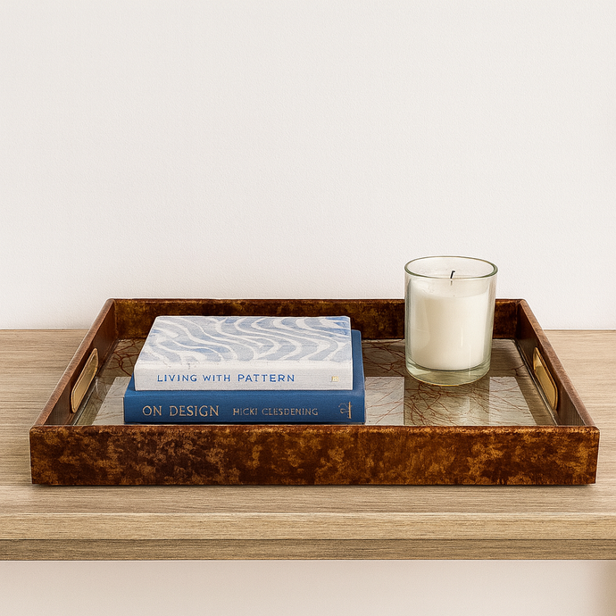 Rectangular Brown Tray – Acrylic & Glass Serving Tray, Floral Design Storage & Display Tray for Home, Bathroom, or Living Room Decor (Available in 2 Sizes)