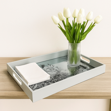 Rectangular White Tray – Acrylic & Glass Serving Tray, Grey Floral Design Storage & Display Tray for Home, Bathroom, or Living Room Decor (Available in 2 Sizes)
