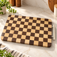 Wooden Charcuterie Board with Metal Handle – Checkered Cutting Board, Decorative Cheese & Meat Serving Platter, Wooden Appetizer Tray, Kitchen & Dining Table Serving Board