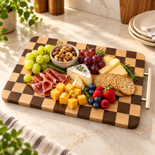 Wooden Charcuterie Board with Metal Handle – Checkered Cutting Board, Decorative Cheese & Meat Serving Platter, Wooden Appetizer Tray, Kitchen & Dining Table Serving Board