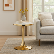 Side Table Gold Breakfast Table with White Marble-look Glass Top Luxury Looking End Table Round Large Table for Living Room Kitchen Dining Table with Metal Frame Base