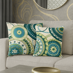 Set of 2 Decorative Cushions with Fillers – Teal with Green Woven Throw Pillow Covers with Zipper for Sofa, Bed & Living Room Decor