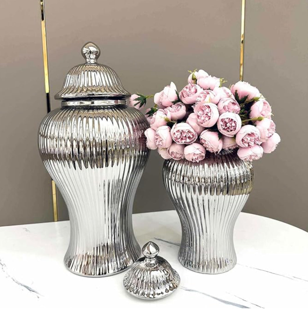 Ginger Jar Large with Lid in Silver Ceramic for Living Room or Kitchen Decoration (ONE PIECE INCLUDED)
