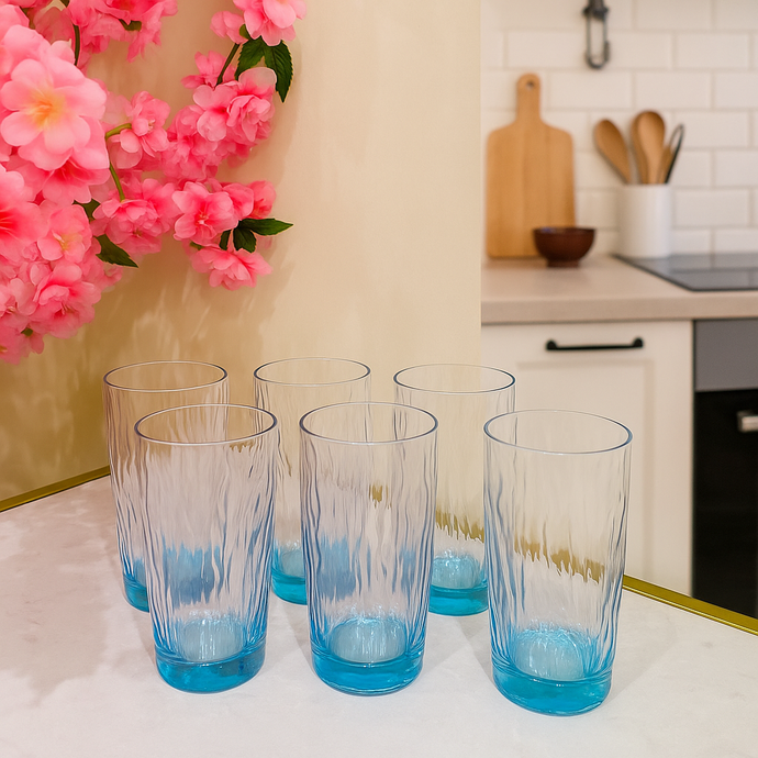 6-piece Set Glasses Drinking Cups Everyday Use Clear Heavy Glass Juice Cups Crystal Colour with Blue Glass Set of SIX
