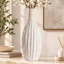 Large White & Beige Ceramic Floor Vase – 22.5" INCH Tall Modern Decorative Ribbed Vase, Textured Statement Vase for Living Room, Entryway & Home Décor