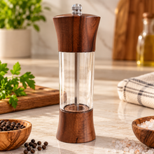 Wooden Pepper Grinder Mill – Manual Salt & Pepper Grinder with Clear Acrylic Body, Adjustable Spice Mill, Dark Brown Wood Finish, Kitchen Seasoning Grinder