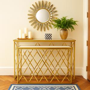 Console Table Gold Entrance Marble Top Table in Golden with White & Grey Shade Marble Top Available in TWO Sizes