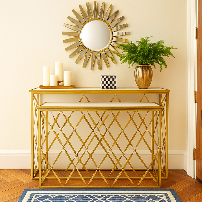 Console Table Gold Entrance Marble Top Table in Golden with White & Grey Shade Marble Top Available in TWO Sizes