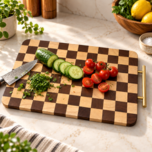 Wooden Charcuterie Board with Metal Handle – Checkered Cutting Board, Decorative Cheese & Meat Serving Platter, Wooden Appetizer Tray, Kitchen & Dining Table Serving Board
