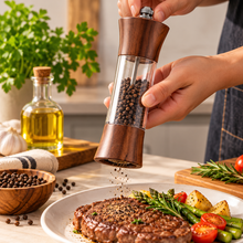 Wooden Pepper Grinder Mill – Manual Salt & Pepper Grinder with Clear Acrylic Body, Adjustable Spice Mill, Dark Brown Wood Finish, Kitchen Seasoning Grinder