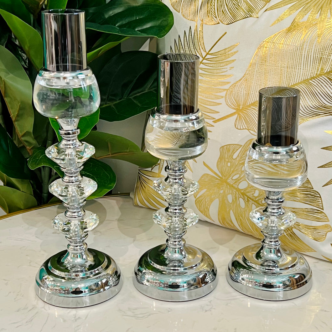 Candle Holder Luxury Crystal Decorated for Tabletop in Silver (ONE PIECE INCLUDED - Select Size Below)
