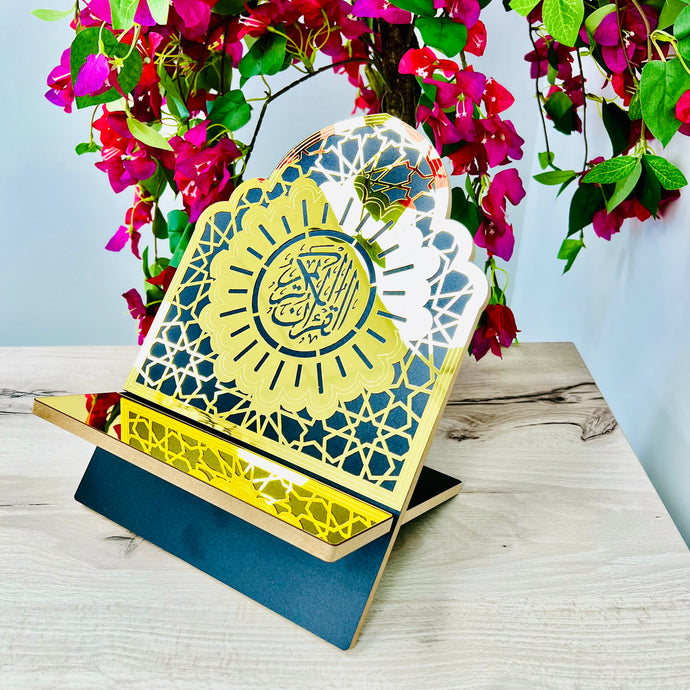 Quran Stand Luxury Upright Gold and Black Wooden Islamic Book Holder with Intricate Arabic Design, Elegant Display for Home or Prayer Corner – Ideal Gift for Ramadan, Eid, Hajj & Umrah