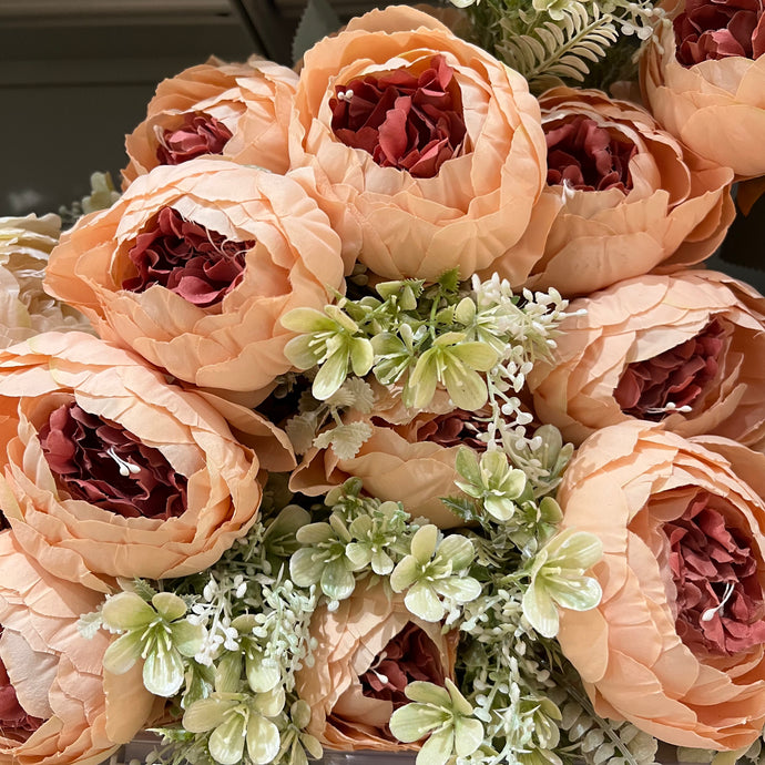 Flower Bunch in PEACH with Burgundy Shade Flower Bouquet Silk Floral Bunch with Fillers Greeneries for Home Decor, Office, Bedroom, Living Room Flowers for Vases