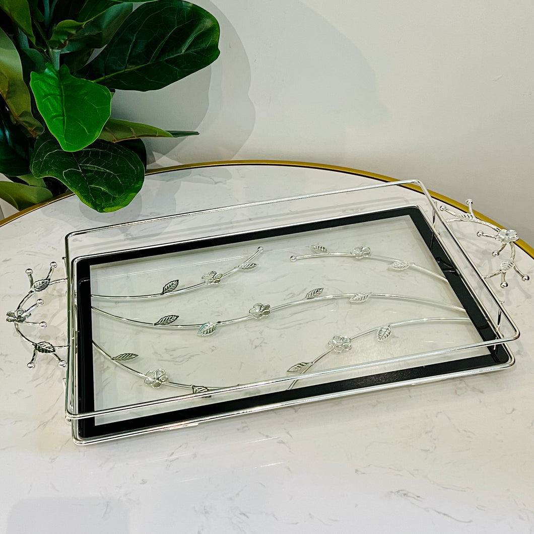 Tray Rectangle Metal Serving Tray Textured and Unique with Gold OR Silver Flowers and Black and Clear Glass