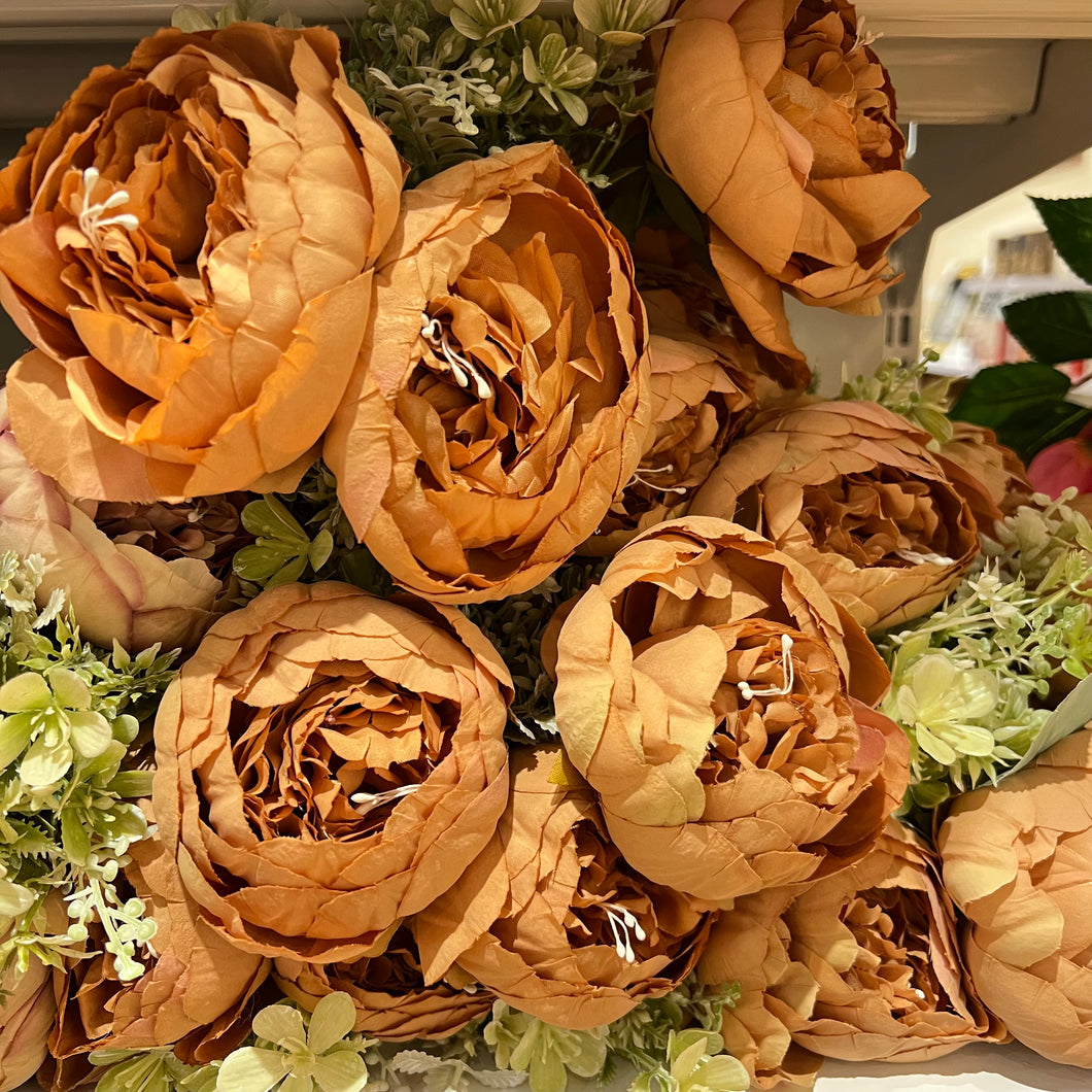 Flower Bunch in Burnt ORANGE with Burgundy Shade Flower Bouquet Silk Floral Bunch with Fillers Greeneries for Home Decor, Office, Bedroom, Living Room Flowers for Vases
