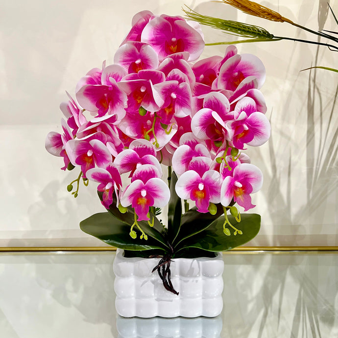 Plant Pot White and Purple Artificial Orchid Flower Pot Floral Real Look Plant Real Touch with White Ceramic Flower Planter